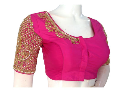 Pink Aari Saree Blouses, Hand-Embroidered Elegance from India