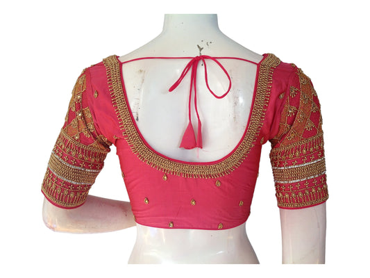 "Blush & Bloom: Designer Baby Pink Aari Blouses (Readymade!), showcasing exquisite hand-embroidery and elegant design."