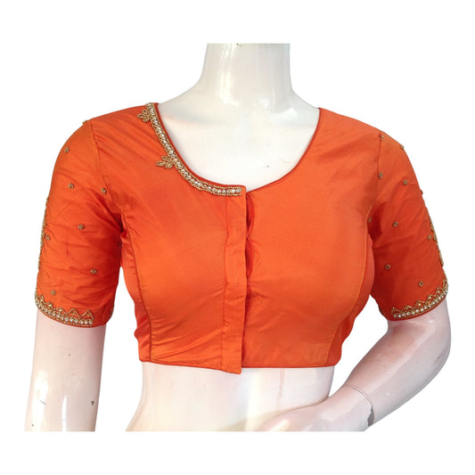 Vibrant Orange Aari Work Silk Blouse | Festive Indian Wedding Blouse