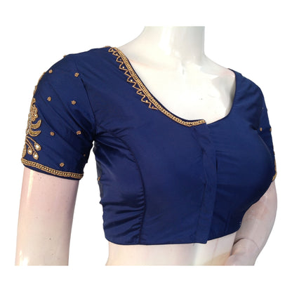 Exquisite Navy Blue Aari Work Silk Blouse for Weddings | Handcrafted Elegance