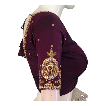 Enchanting Dark Purple Aari Work Silk Blouse | Indian Wedding Elegance