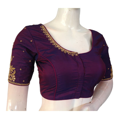 Royal Purple Aari Work Silk Blouse for Weddings | Handcrafted Elegance in India