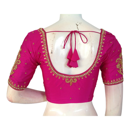 Radiant Magenta Aari Work Silk Blouse for Weddings | Handcrafted Indian Elegance