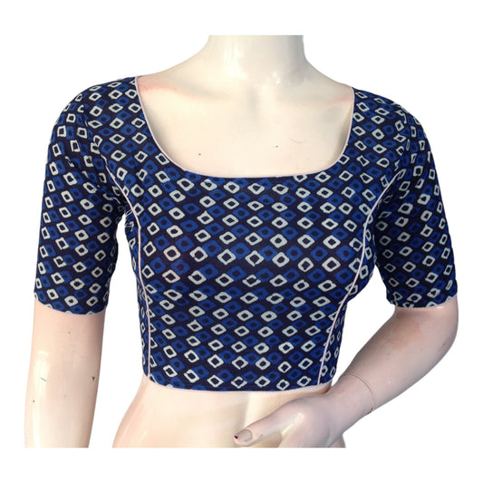 Chic Navy Blue Cotton Blouse | Boat Neck Design | Ready-to-Wear | Perfect for Sarees and More