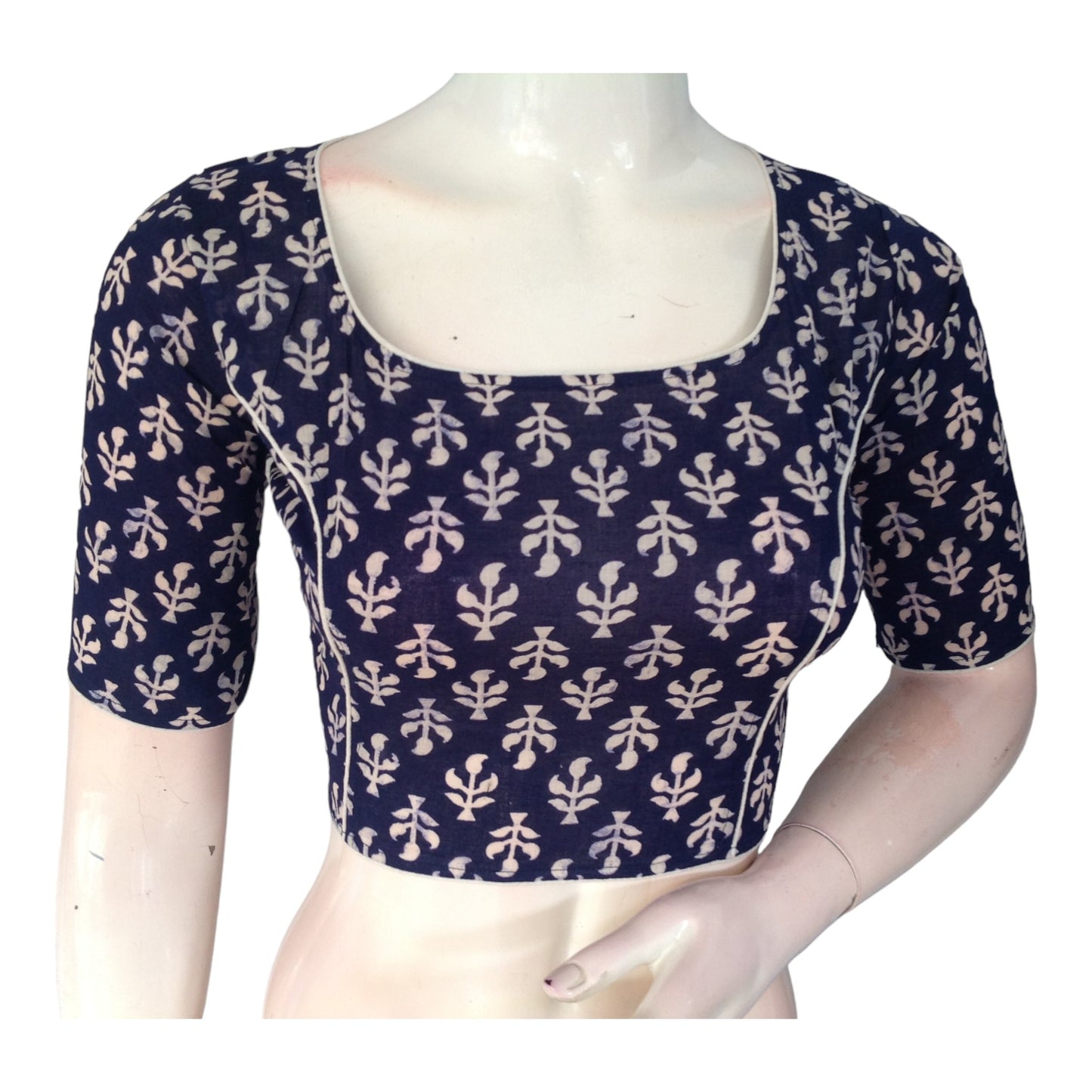 Navy Blue High Neck Saree Blouse | Cotton Elegance | Ready-to-Wear | Made in India