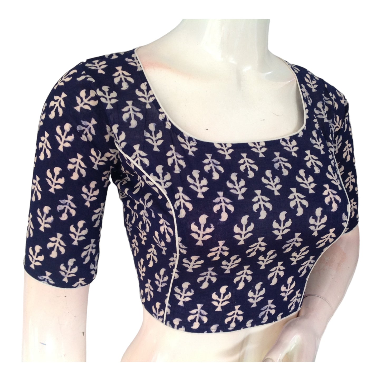 Timeless Navy Blue Cotton High Neck Blouse | Ready made Saree Essential