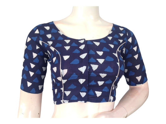 Parisian Chic: Navy Blue Cotton Blouse with High Neckline 