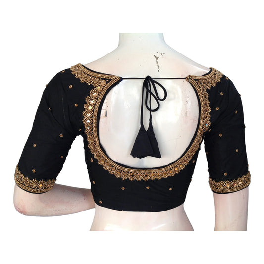 Elegant Black Aari Work Blouse for Weddings | Handcrafted Silk Blouse