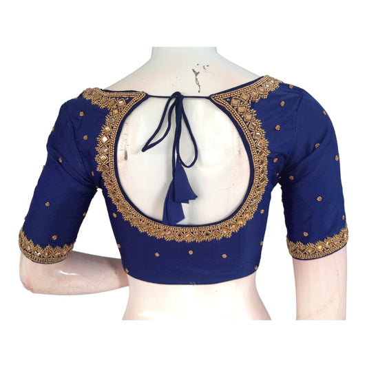 Weaving Dreams in Navy Blue: Aari Hand Work Blouses for Your Special Day