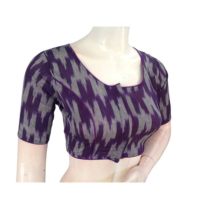 Amethyst Allure: Purple Cotton High Neck Blouse for Sarees