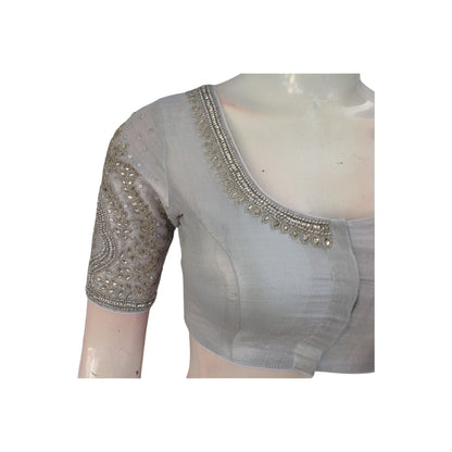 Silver Tissue Aari Blouse | Hand Embroidered | Festive Indian Wear