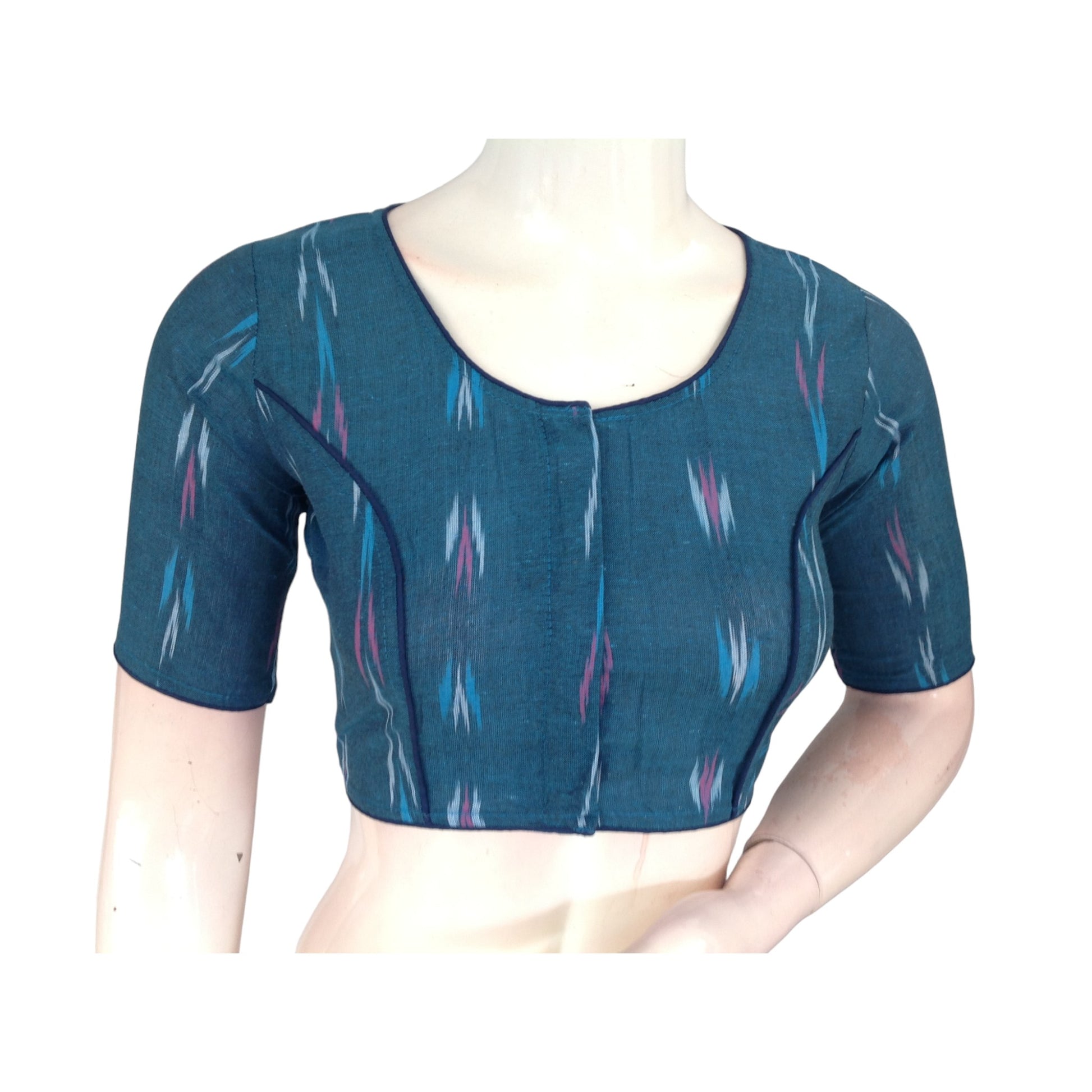 Teal Blue Treasure: High Neck Cotton Saree Blouse