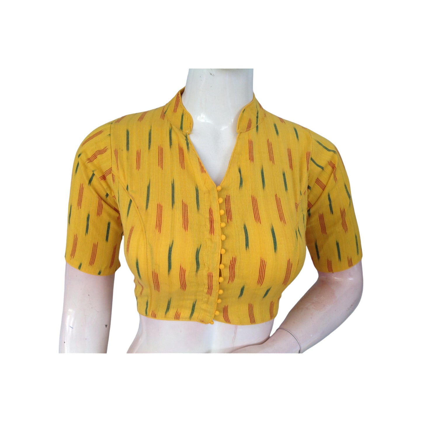 Sunny Yellow Ikat Collar Cotton Neck Summer Wear Blouse