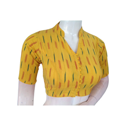 Sunny Yellow Ikat Collar Cotton Neck Summer Wear Blouse