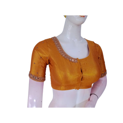 Dark Mustard Gold Color Aari Handwork Bridal Tissue Silk Readymade Blouse