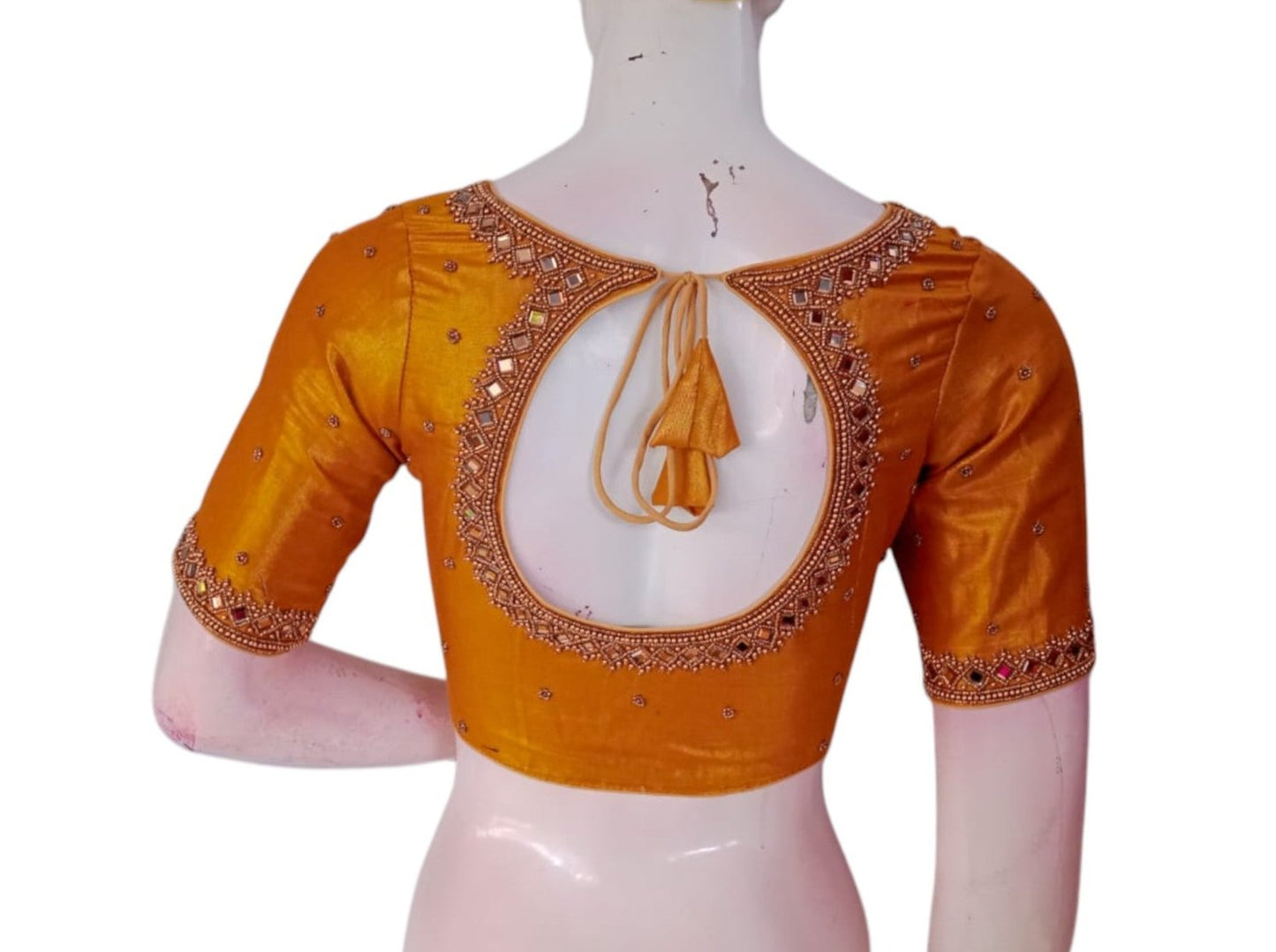 Dark Mustard Gold Color Aari Handwork Bridal Tissue Silk Readymade Blouse