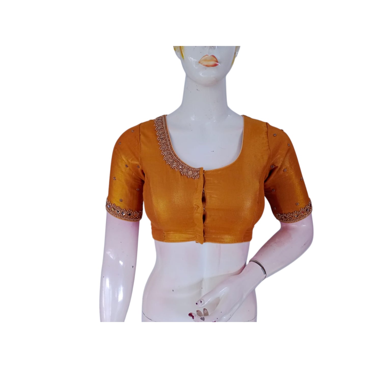 Dark Mustard Gold Color Aari Handwork Bridal Tissue Silk Readymade Blouse