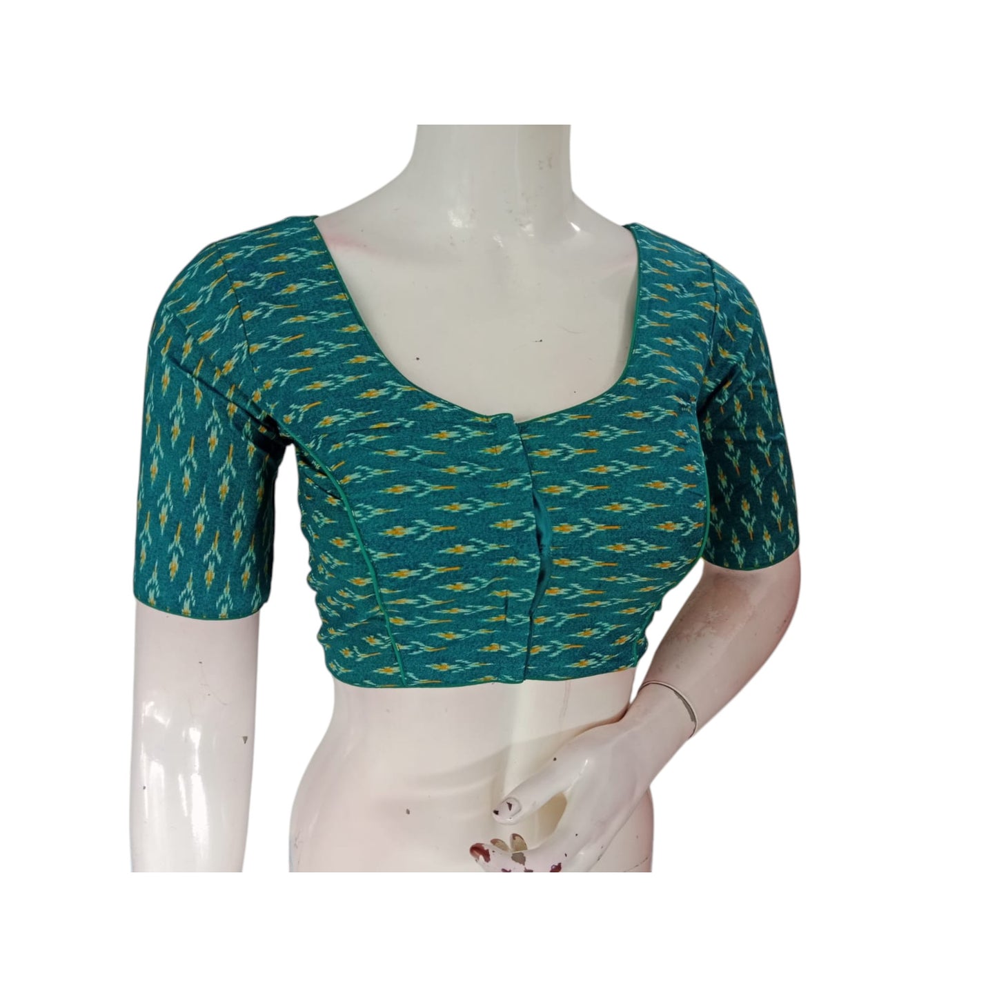 Cool & Calming: Teal Blue Color Cotton Printed Readymade Saree Blouse