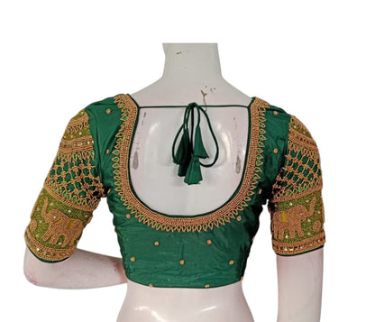 Luxurious Green: Aari Embroidered Semi Silk Blouse for Weddings