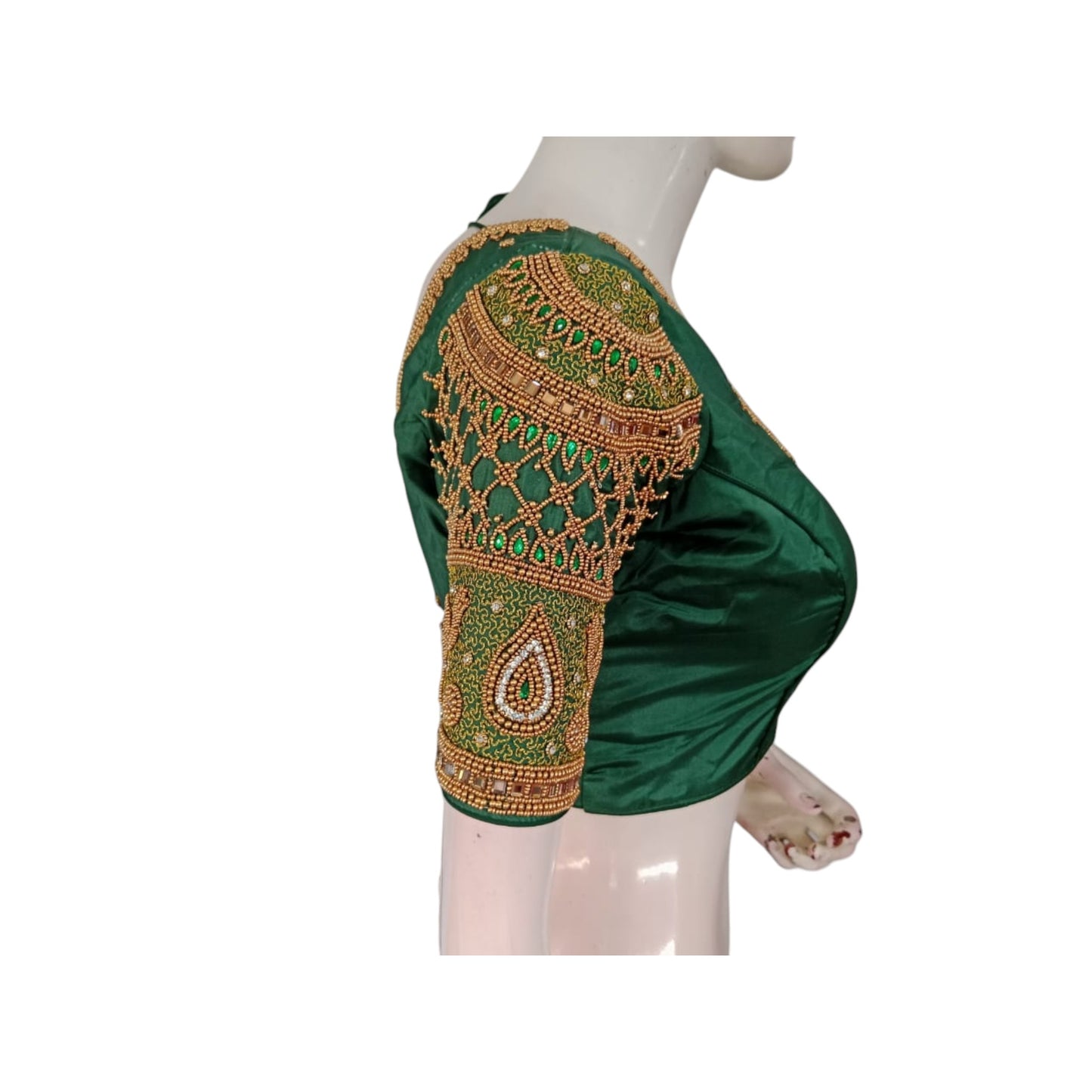 Luxurious Green: Aari Embroidered Semi Silk Blouse for Weddings