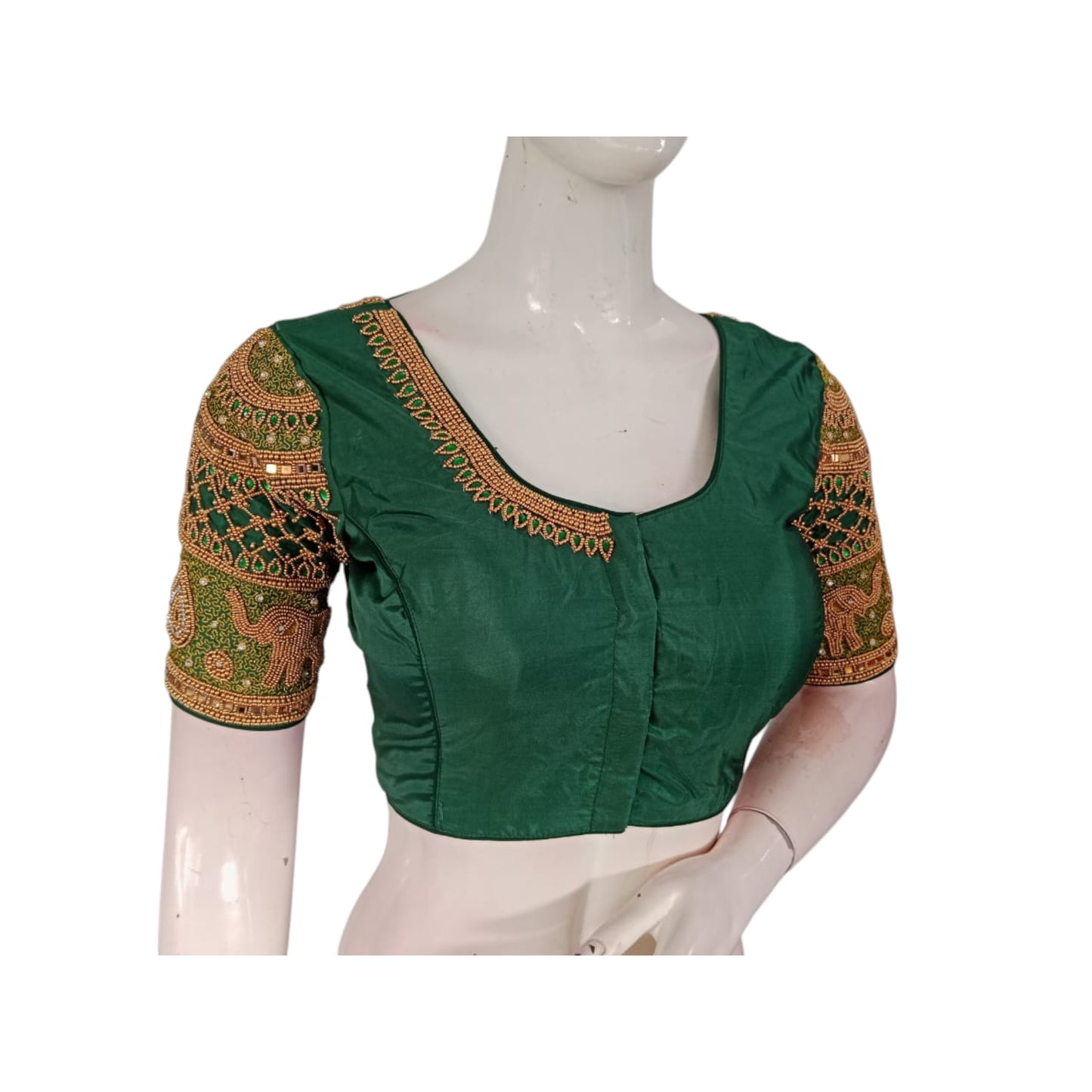 Luxurious Green: Aari Embroidered Semi Silk Blouse for Weddings