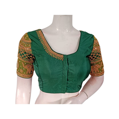 Luxurious Green: Aari Embroidered Semi Silk Blouse for Weddings