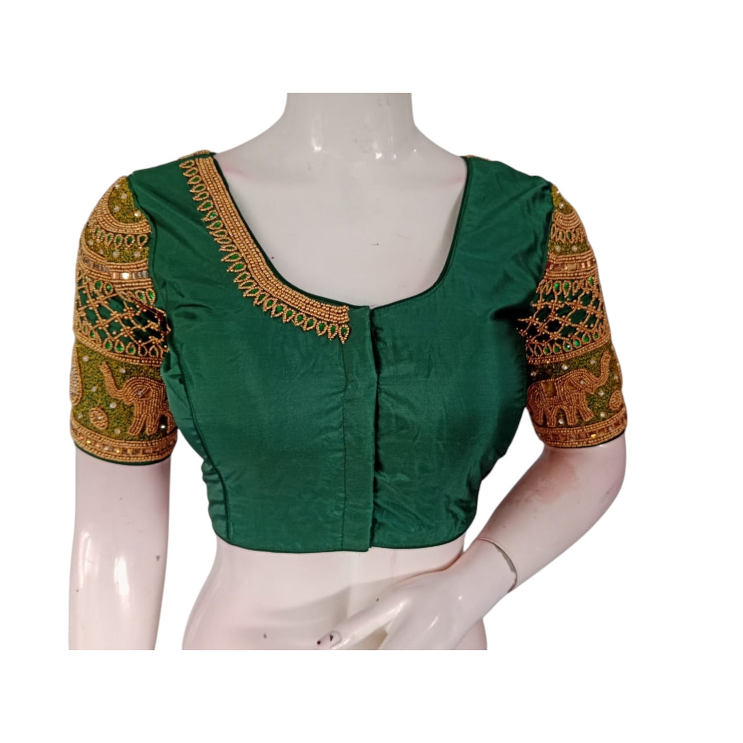 Luxurious Green: Aari Embroidered Semi Silk Blouse for Weddings