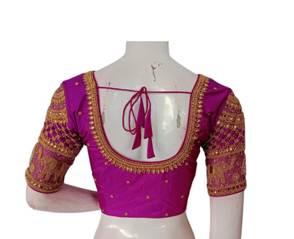 Deep Magenta Magic: Aari Handwork on Wedding Silk Saree Blouse