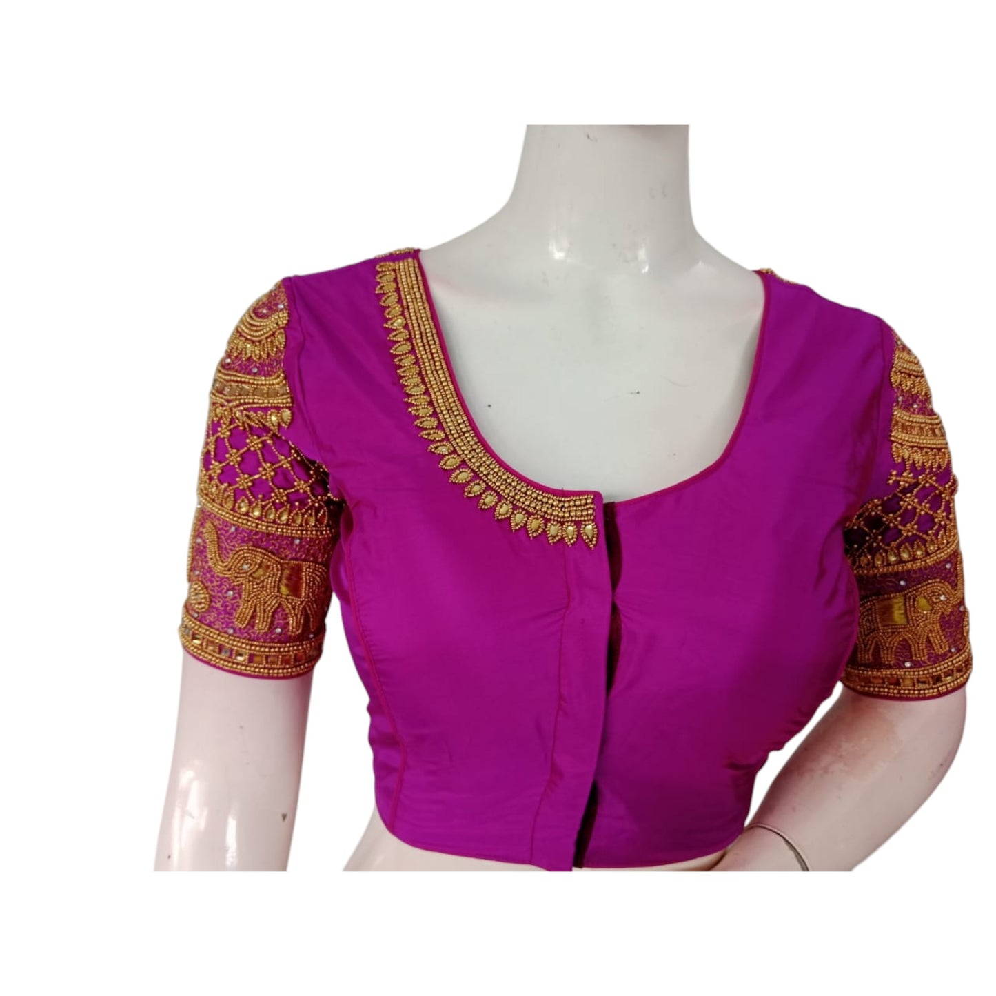 Deep Magenta Magic: Aari Handwork on Wedding Silk Saree Blouse