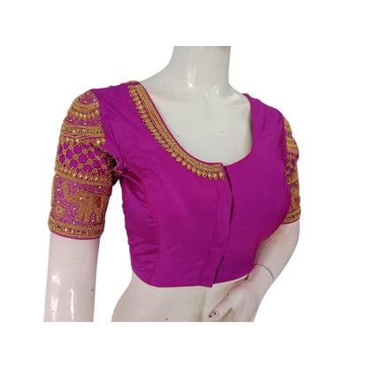 Deep Magenta Magic: Aari Handwork on Wedding Silk Saree Blouse