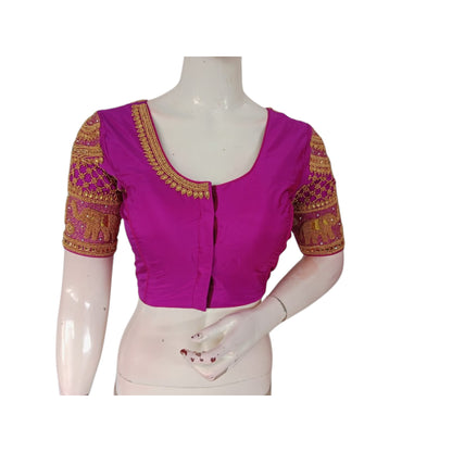 Deep Magenta Magic: Aari Handwork on Wedding Silk Saree Blouse