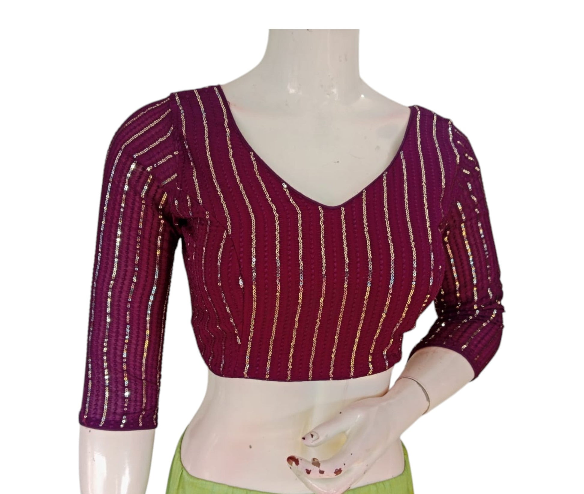 Burgundy Sequin Saree Blouse with 3/4th Sleeves - Elegant Indian Wear