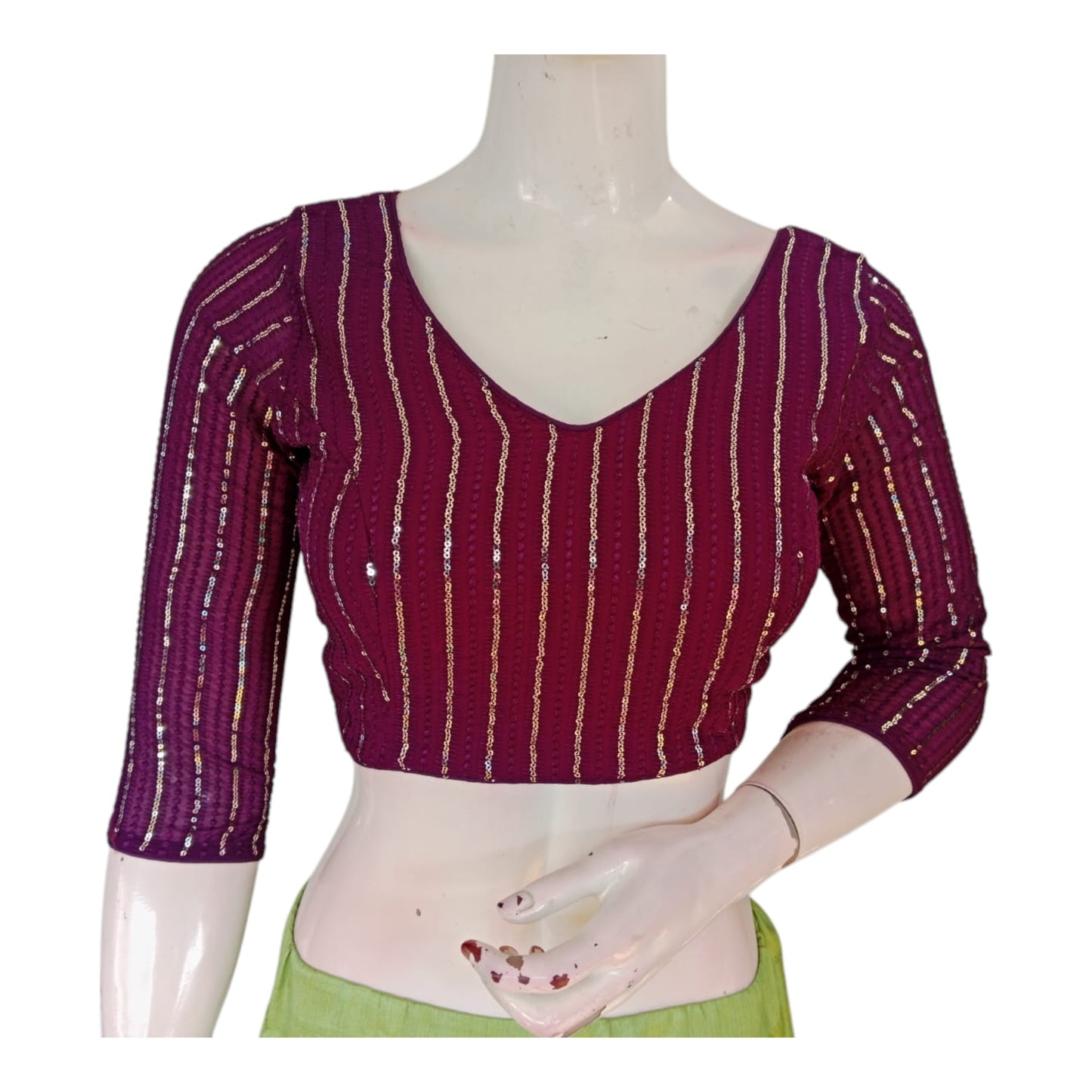 Burgundy Sequin Saree Blouse with 3/4th Sleeves - Elegant Indian Wear