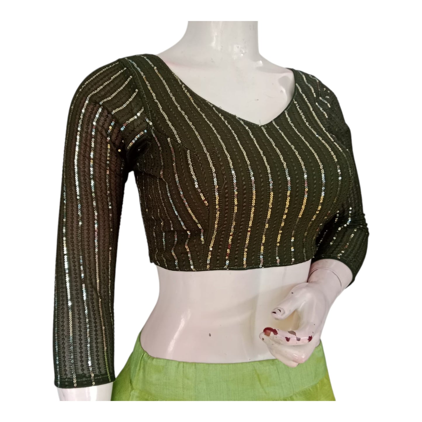 Dark Olive Green Sequin Saree Blouse with 3/4th Sleeves - Elegant Indian Wear