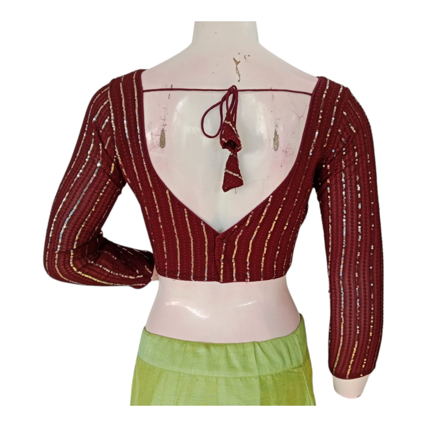 Dark Maroon Color Sequin Blouse with 3/4 Sleeves - A Touch of Drama