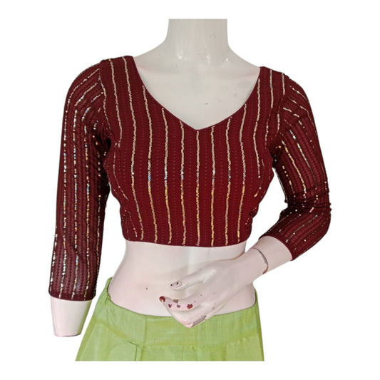 Dark Maroon Color Sequin Blouse with 3/4 Sleeves - A Touch of Drama