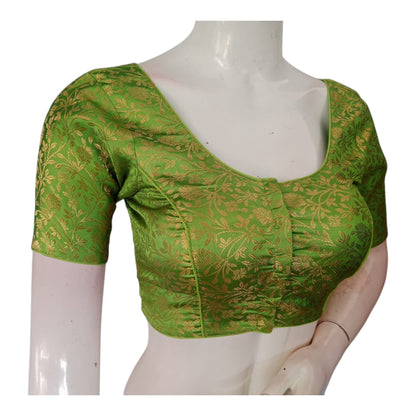 Earthy Olive Green Brocade Silk Ready made Saree Blouse - Ready to Wear