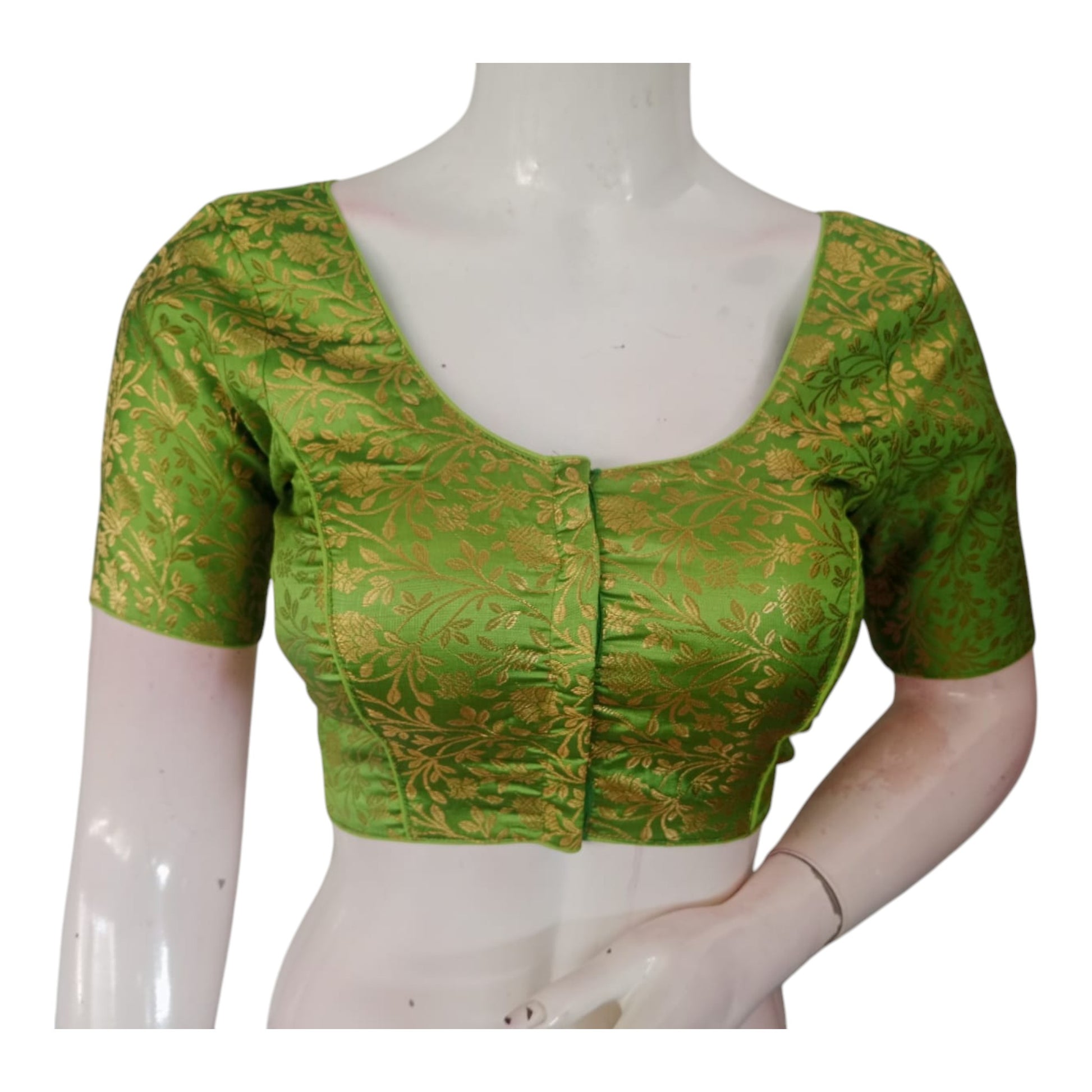 Earthy Olive Green Brocade Silk Ready made Saree Blouse - Ready to Wear