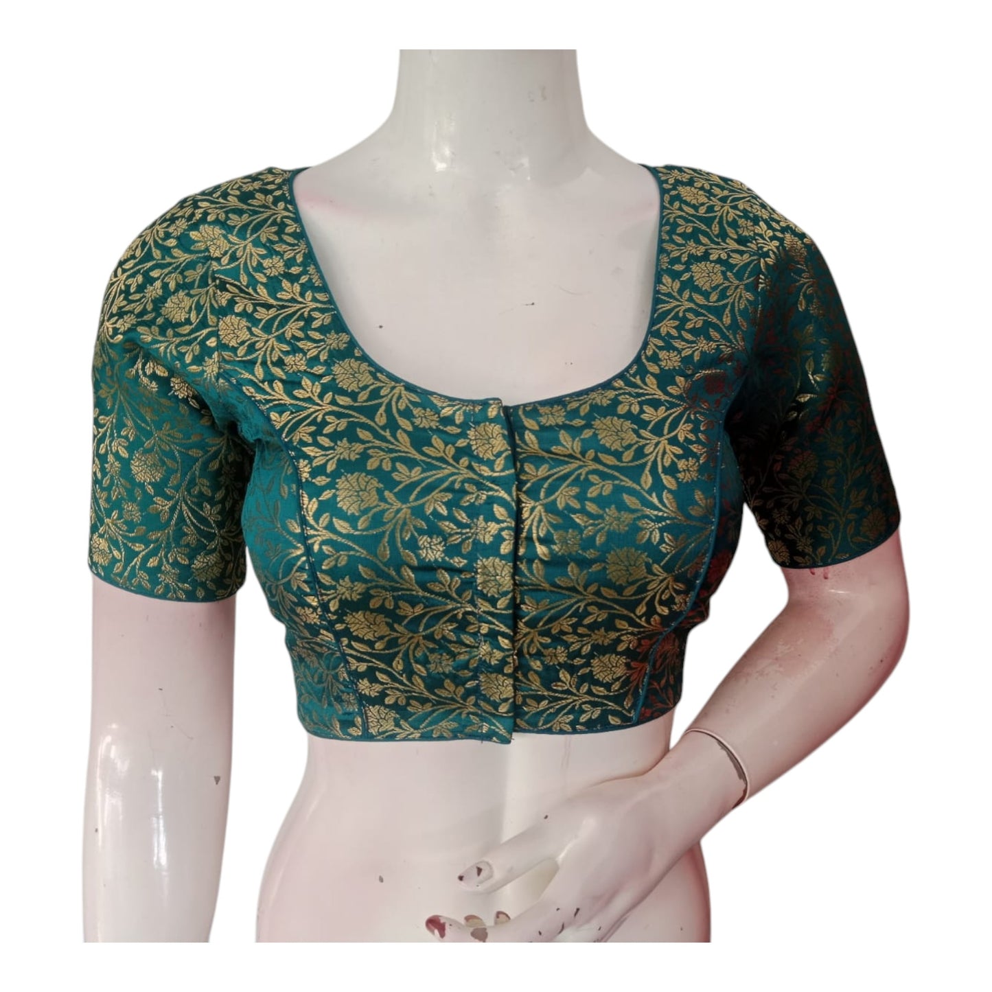 Unique Dark Teal Blue Color Brocade Silk Saree Blouse - Ready to Wear