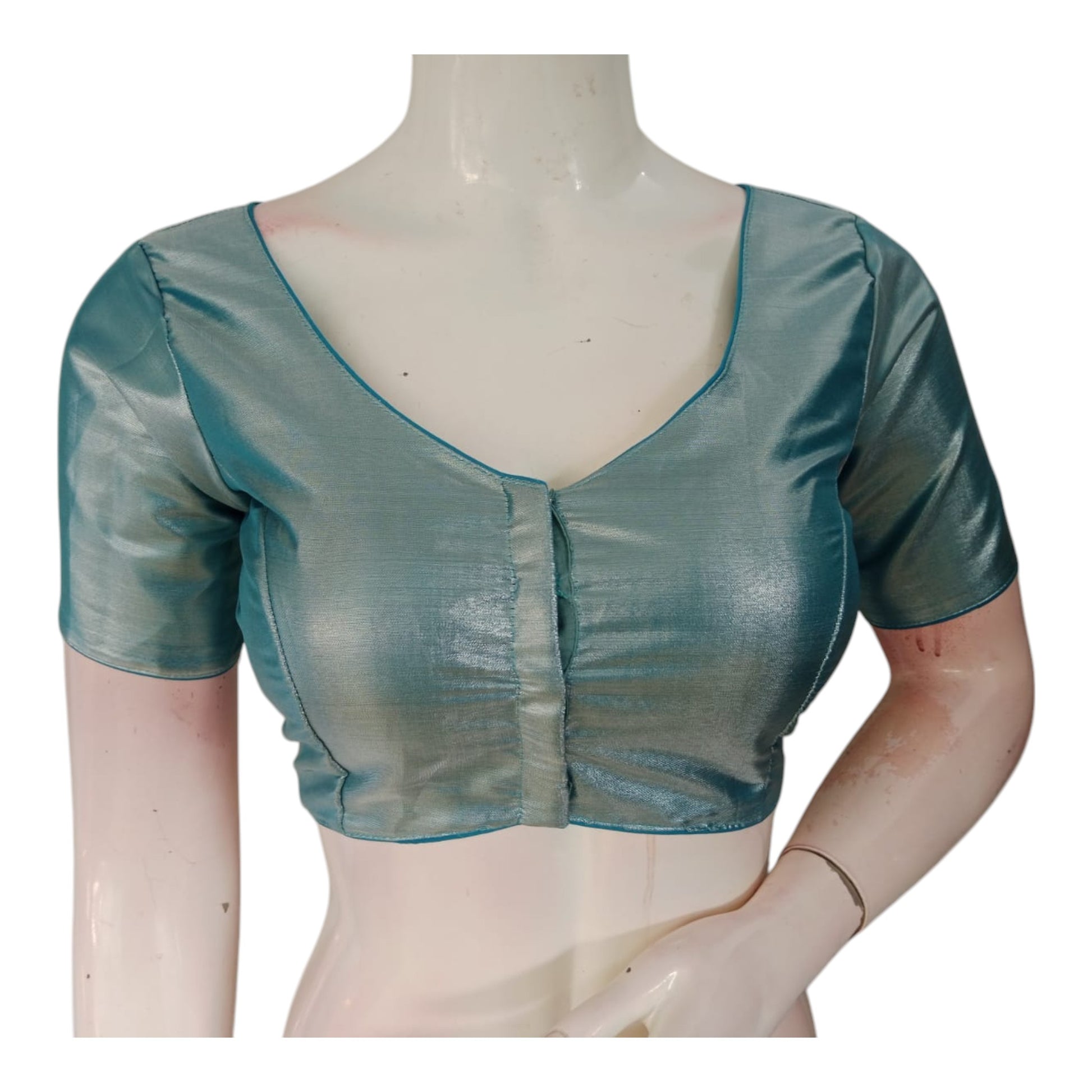 Teal Blue Color Plain Tissue Silk Ready made Blouse - Elegant Plain Design