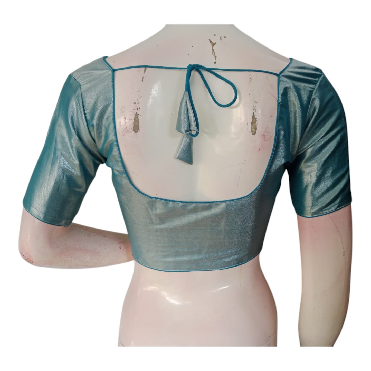 Teal Blue Color Plain Tissue Silk Ready made Blouse - Elegant Plain Design