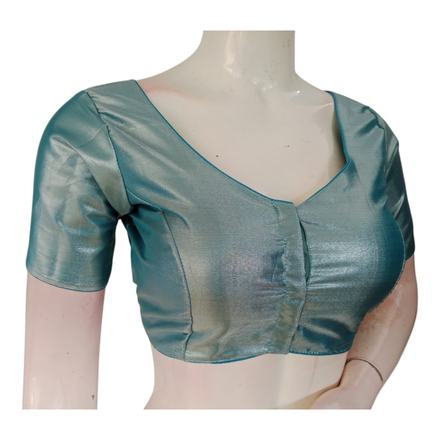 Teal Blue Color Plain Tissue Silk Ready made Blouse - Elegant Plain Design