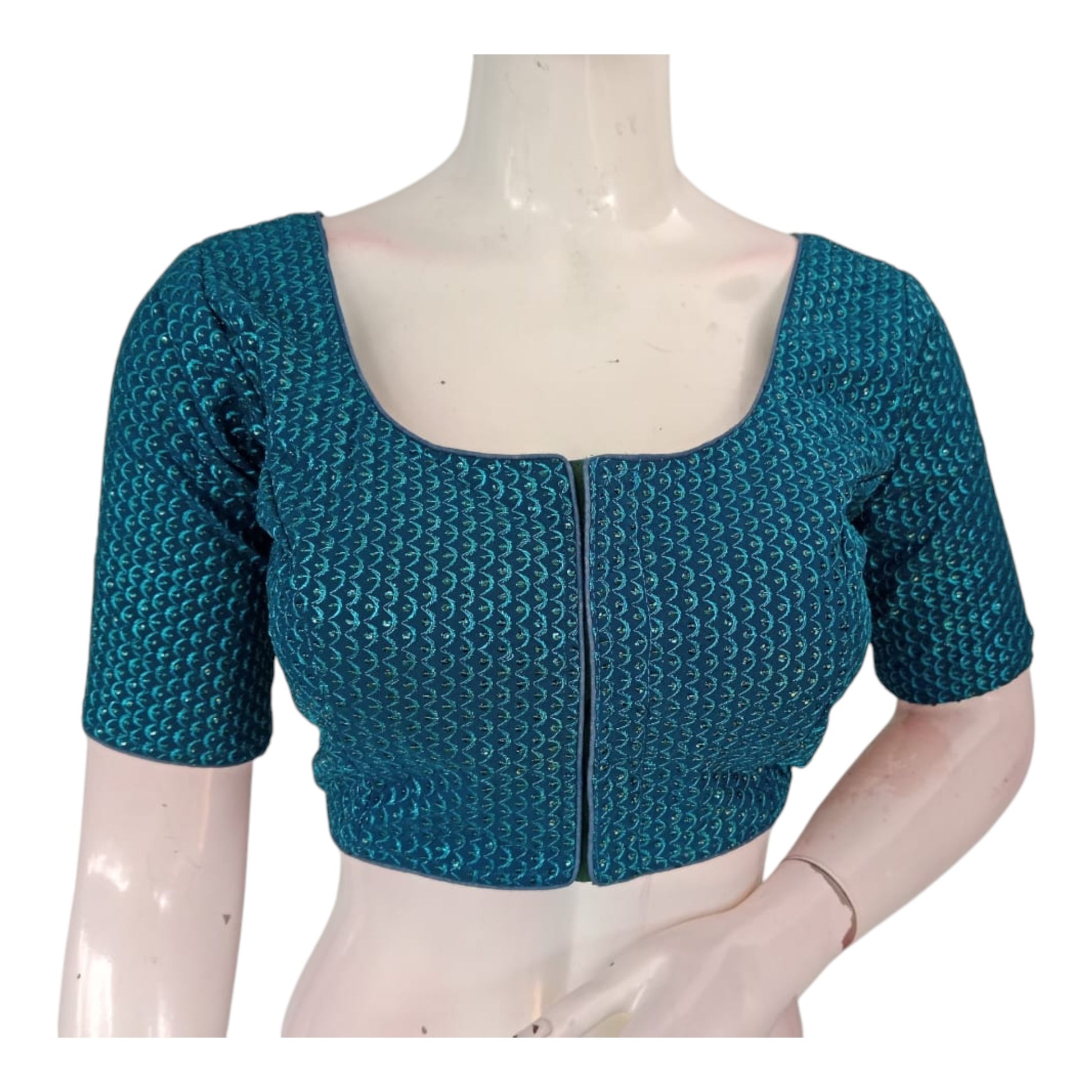 Dark Teal Blue Color Designer Semi Silk Blouse for Weddings & Receptions