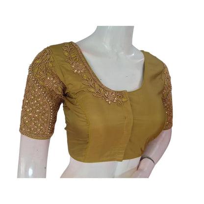 Mustard Green Color Bridal Silk Saree Blouse with Exquisite Aari Hand Work