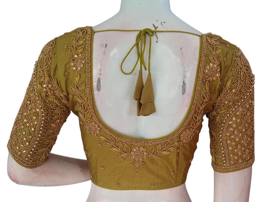 Mustard Green Color Bridal Silk Saree Blouse with Exquisite Aari Hand Work 