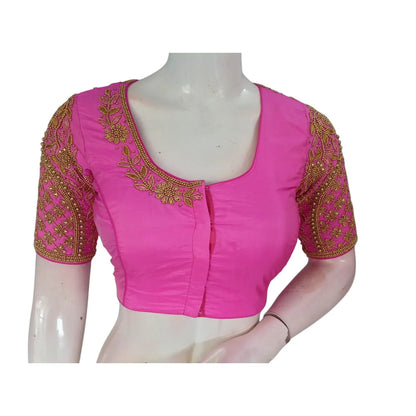 Neon Pink Color Aari Handwork Wedding Silk Saree Readymade Blouse