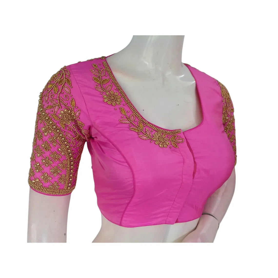 Neon Pink Color Aari Handwork Wedding Silk Saree Readymade Blouse