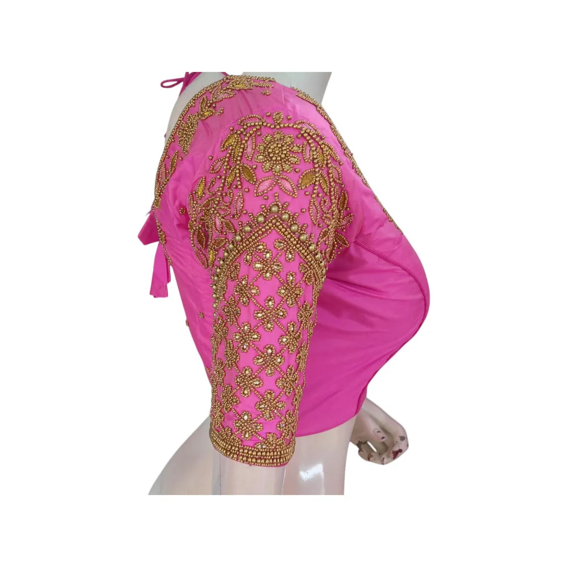 Neon Pink Color Aari Handwork Wedding Silk Saree Readymade Blouse