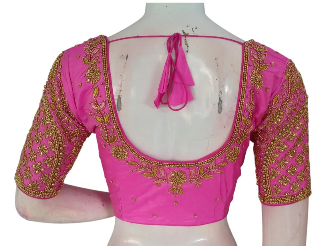 Neon Pink Color Aari Handwork Wedding Silk Saree Readymade Blouse