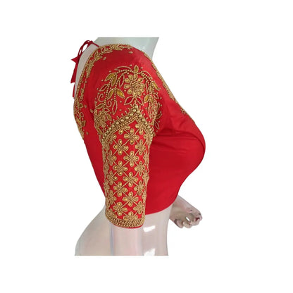 Traditional Red Color Aari Handwork Wedding Silk Saree Blouse